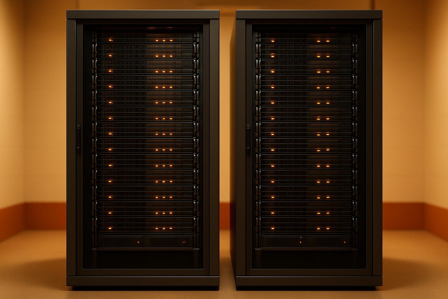 Deux baies de serveurs redondantes reliées, ambiance datacenter chaleureuse