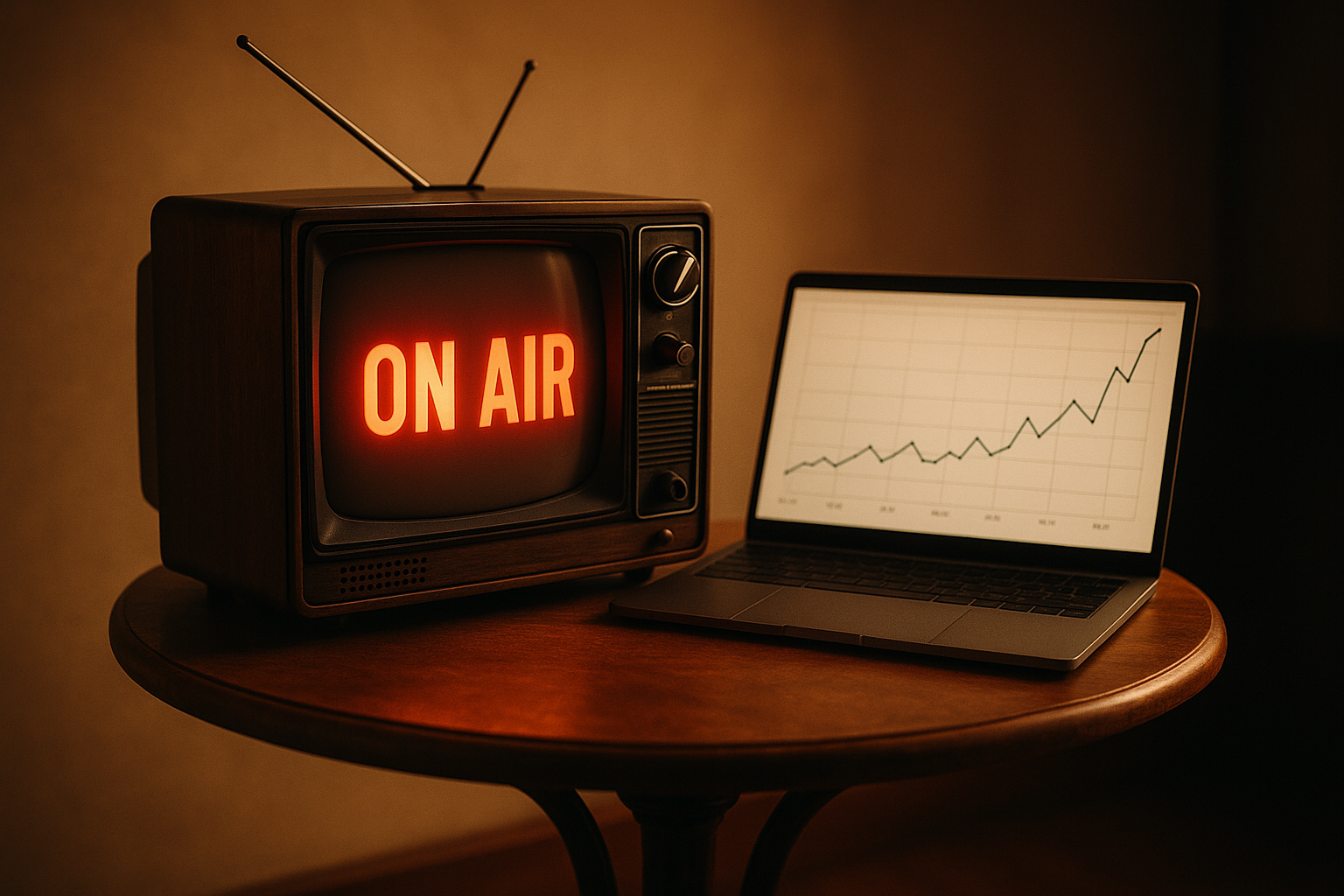 Téléviseur avec voyant ON AIR à côté d'une courbe de trafic web en forte hausse