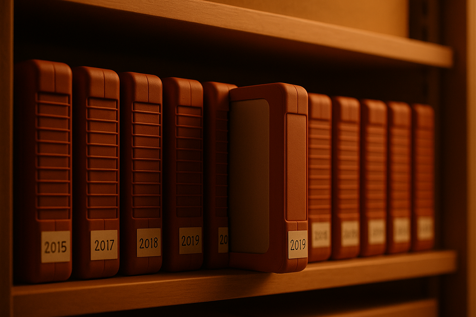 Étagère d'archives éclairée chaudement, disques de stockage étiquetés alignés