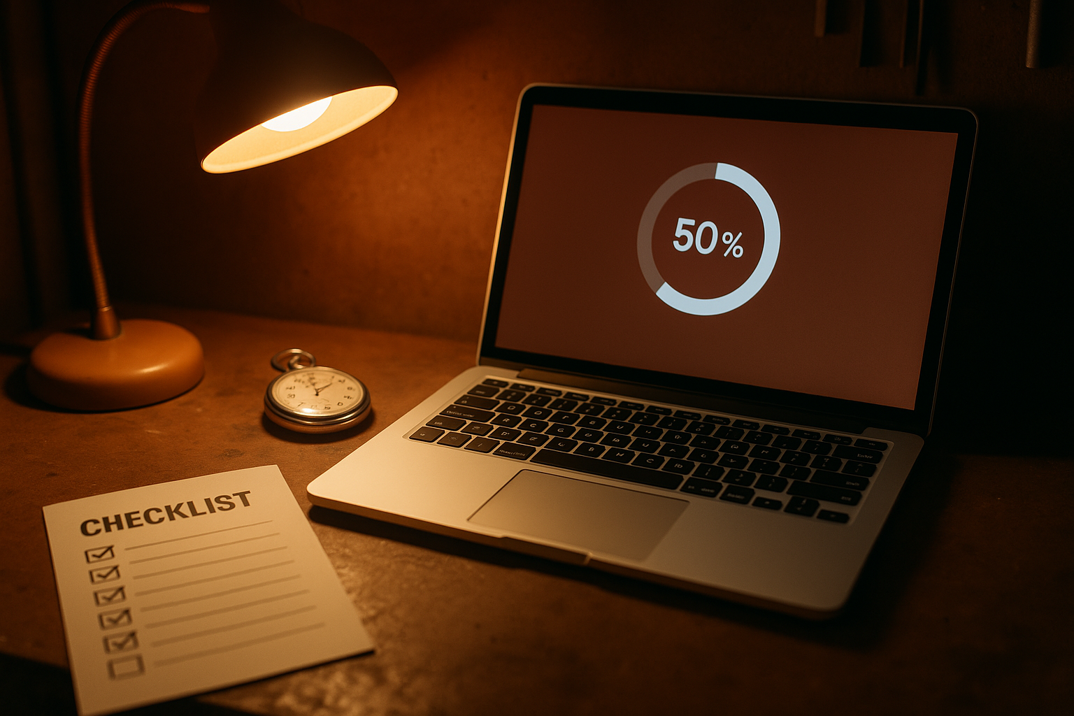 Établi avec un ordinateur portable affichant une barre de progression, un chronomètre et une checklist cochée