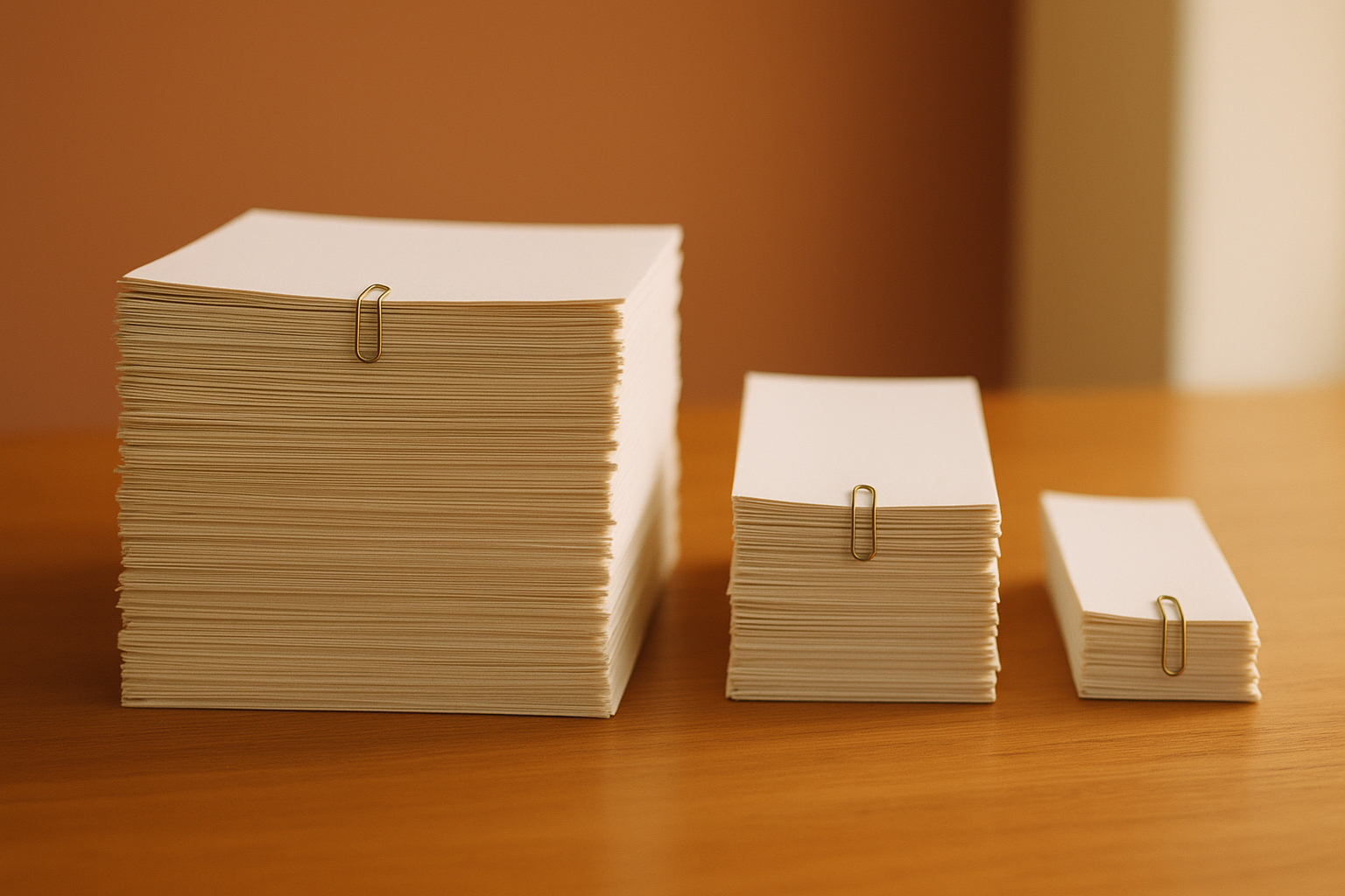 Trois piles de documents de hauteur décroissante sur une table en bois, maintenues par des pinces en laiton