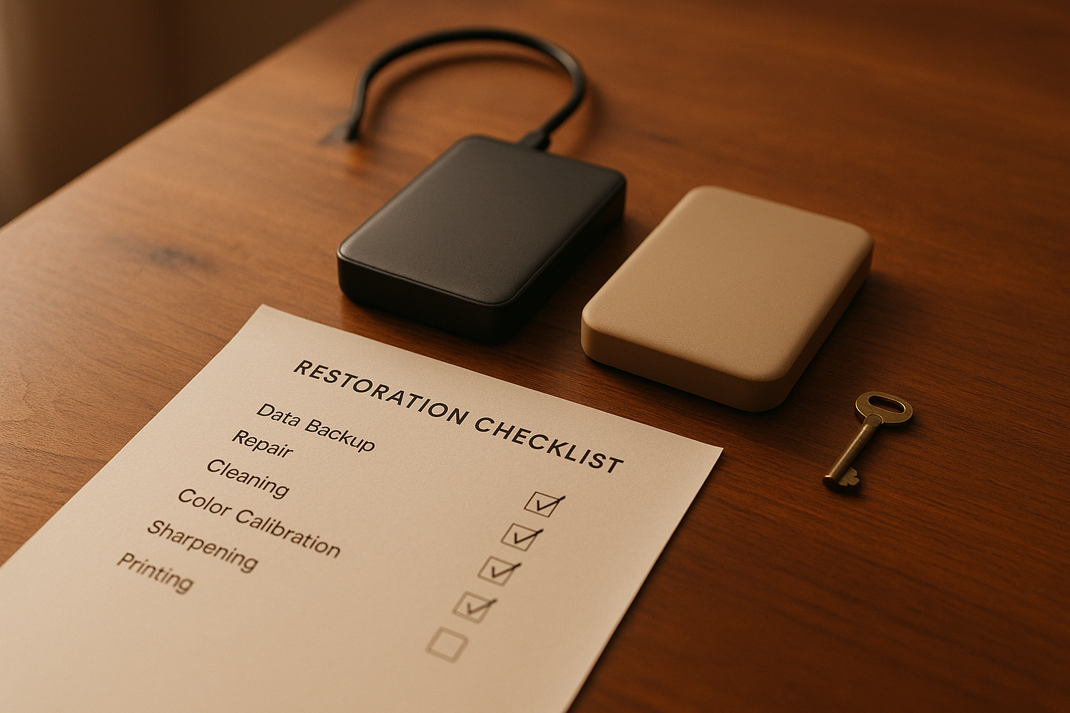 Deux disques externes côte à côte sur un bureau en bois, l'un débranché près d'une clé en laiton, avec une checklist de restauration