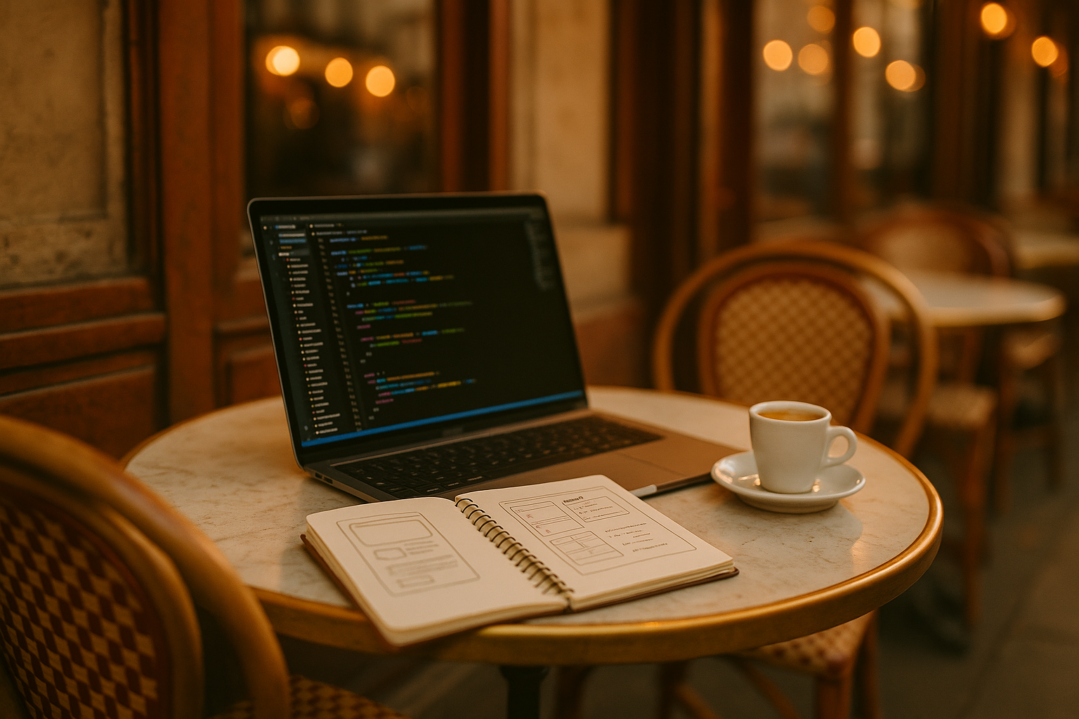 Table de bistrot au soleil couchant avec un ordinateur portable affichant un éditeur de code et un carnet de croquis d'application