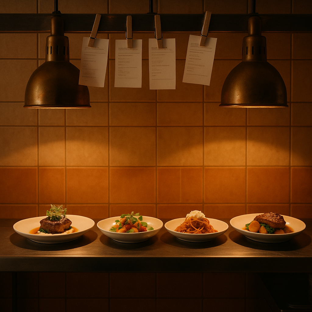 Passe de cuisine de bistrot avec des plats dressés prêts à partir en salle sous les lampes chauffantes