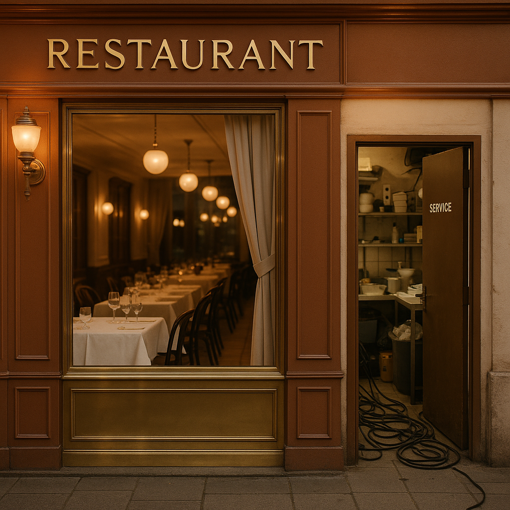 Façade de restaurant élégante dont la porte de service entrouverte révèle une arrière-cuisine en désordre